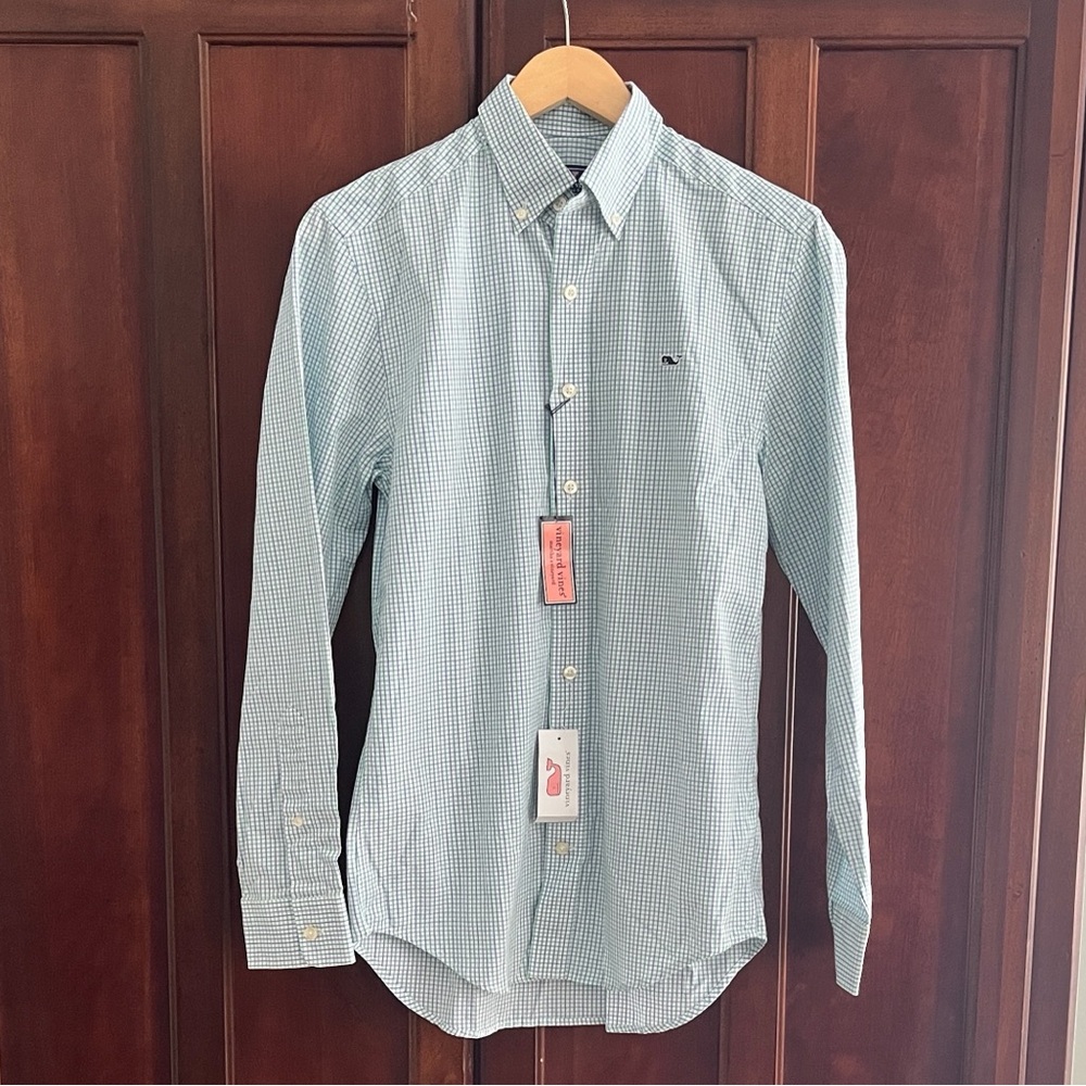 NWT Vineyard Vines Slim Fit Men’s Whale Shirt. Blue & Green Plaid LS Button Down